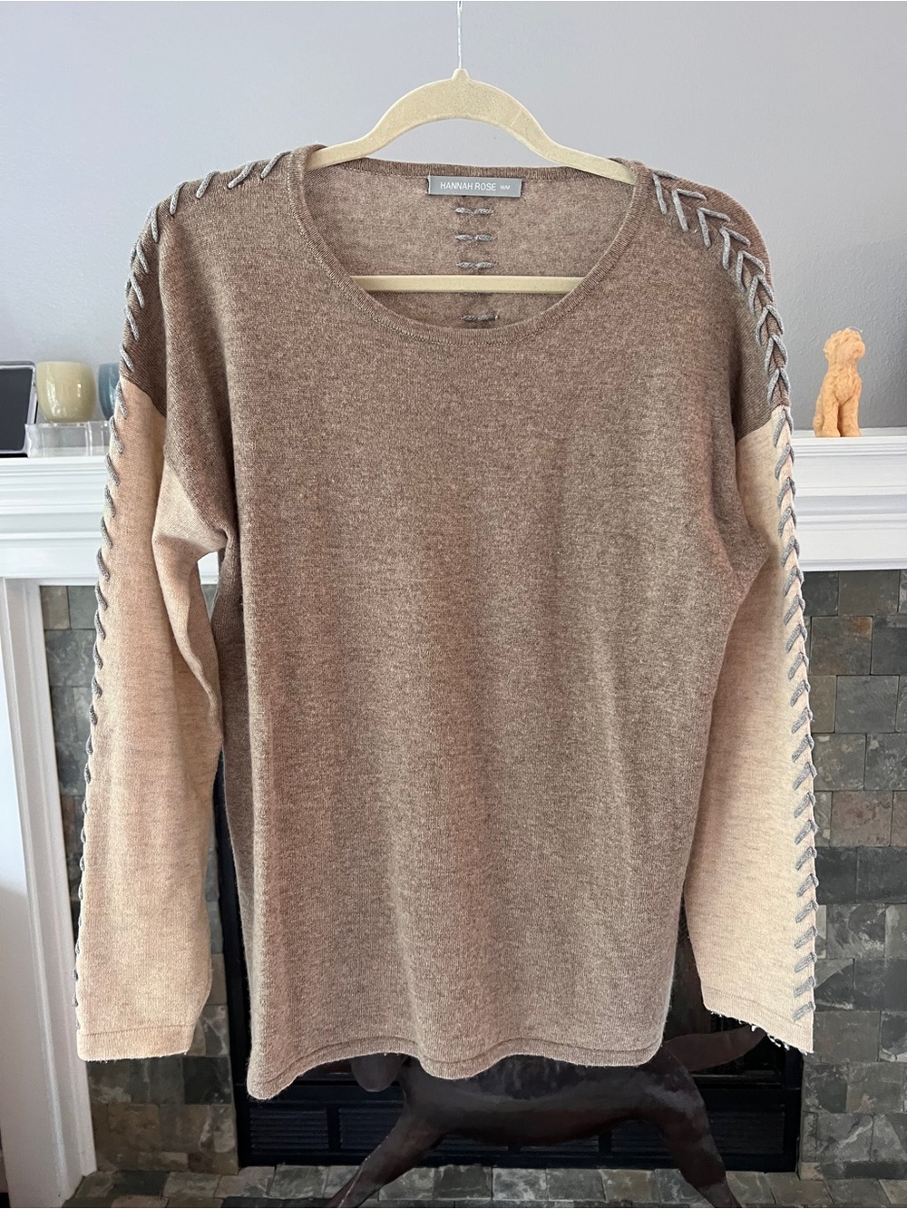 Hannah Rose Two-Tone Beige and Brown Crewneck Wool & Cashmere Sweater